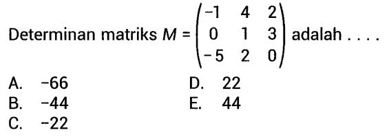 Determinan matriks  M=(-1  4  2  0  1  3  -5  2  0)  adalah .... 