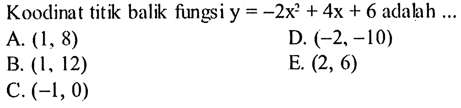 Koodinat titik balik fungsi y=-2x^2+4x+6 adalah  ... 