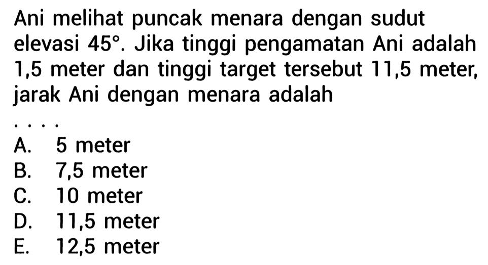 Ani melihat puncak menara dengan sudut elevasi 45. Jika tinggi pengamatan Ani adalah 1,5 meter dan tinggi target tersebut 11,5 meter, jarak Ani dengan menara adalah ... 