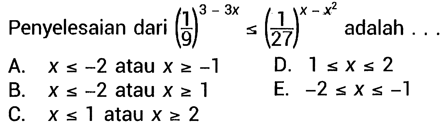 Penyelesaian dari (1/9)^(3-3x)=(1/27)^(x-x^2) adalah ....