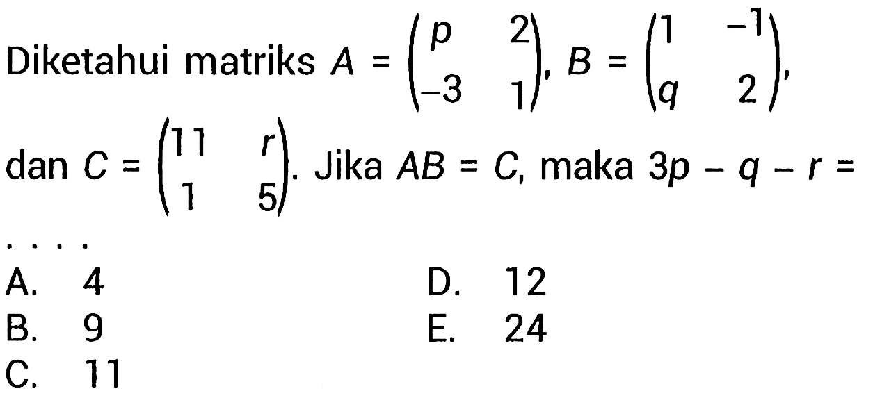 Diketahui matriks  A=(p  2  -3  1), B=(1  -1  q  2) , dan  C=(11  r  1  5) . Jika  A B=C , maka  3 p-q-r=