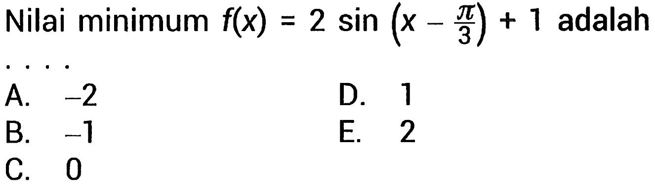 Nilai minimum  f(x)=2 sin (x-(pi)/(3))+1  adalah