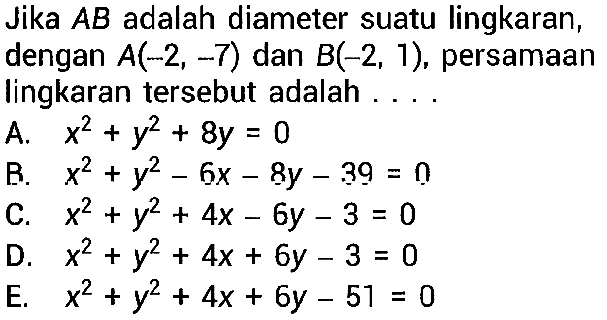 Jika AB adalah diameter suatu lingkaran, dengan A(-2,-7) dan B(-2,1), persamaan lingkaran tersebut adalah ....