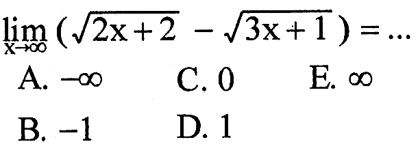 limit x mendekati tak hingga (akar(2x+2)-akar(3x+1))=