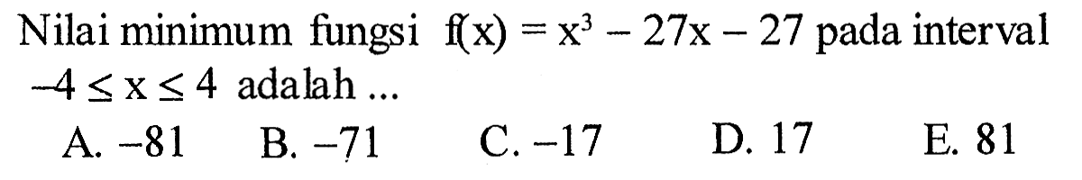 Nilai minimum fungsi f(x)=x^3-27x-27 pada interval -4<=x<=4 adalah... 