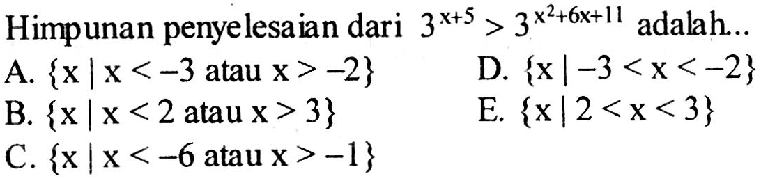 Himpunan penyelesaian dari 3^(x+5)>3^(x^2+6x+11) adalah... 