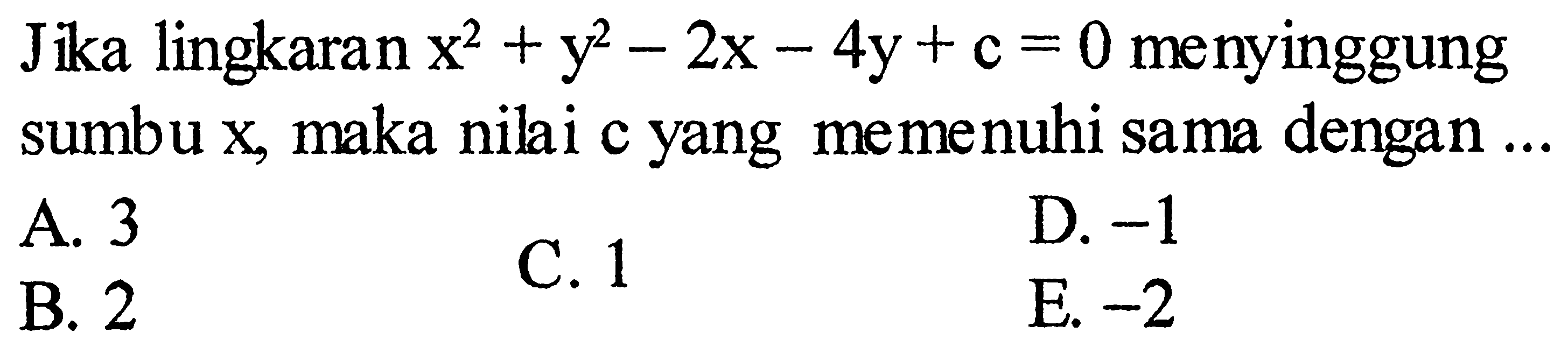 Jika lingkaran x^2+y^2-2x-4y+c=0 menyinggung sumbu x , maka nilai c yang memenuhi sama dengan ... 