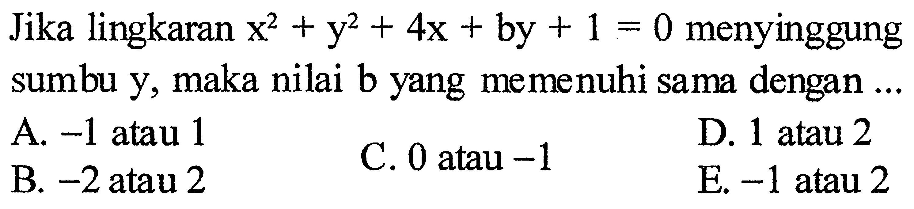 Jika lingkaran x^2+y^2+4x+by+1=0 menyinggung sumbu y, maka nilai b yang memenuhi sama dengan ... 