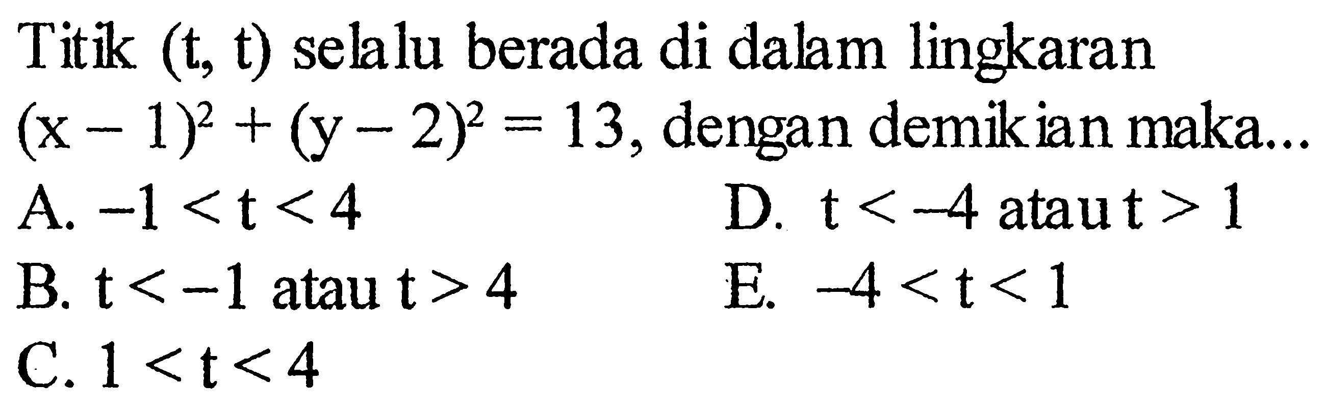 Titik (t, t) selalu berada di dalam lingkaran (x-1)^2+(y-2)^2=13, dengan demikian maka... 