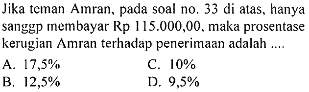 Jika teman Amran, pada soal no. 33 di atas, hanya sanggp membayar Rp  115.000,00 , maka prosentase kerugian Amran terhadap penerimaan adalah ....
