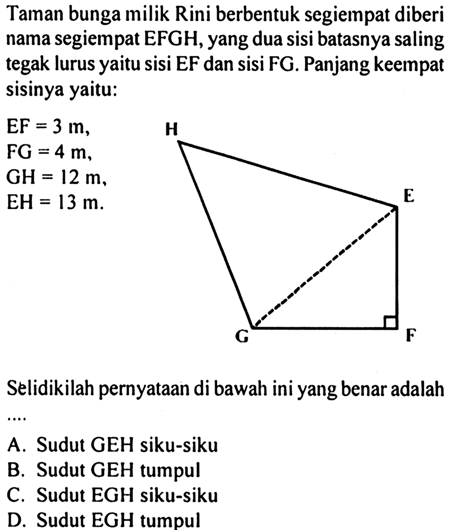 Taman bunga milik Rini berbentuk segiempat diberi nama segiempat EFGH, yang dua sisi batasnya saling tegak lurus yaitu sisi EF dan sisi FG. Panjang keempat sisinya yaitu: 
EF = 3 m, FG = 4 m, 
GH = 12 m, EH = 13 m. 
H E G F 
Selidikilah pernyataan di bawah ini yang benar adalah .... 
A. Sudut GEH siku-siku 
B. Sudut GEH tumpul 
C. Sudut EGH siku-siku 
D. Sudut EGH tumpul