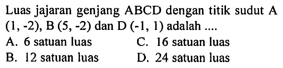 Luas jajaran genjang ABCD dengan titik sudut A (1,-2), B(5,-2) dan D(-1,1) adalah .... 