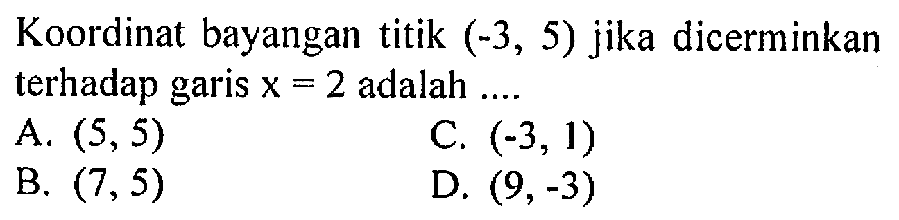 Koordinat bayangan titik (-3,5) jika dicerminkan terhadap garis x=2 adalah .... 