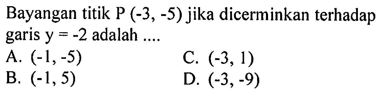 Bayangan titik P(-3,-5) jika dicerminkan terhadap garis y=-2 adalah .... 