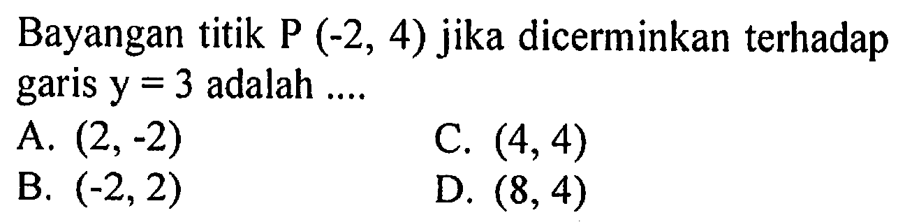 Bayangan titik P(-2,4) jika dicerminkan terhadap garis y=3 adalah .... 