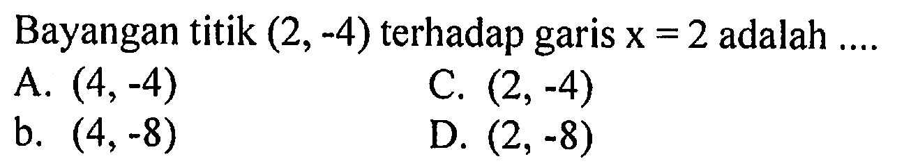 Bayangan titik (2,-4) terhadap garis x=2 adalah .... 