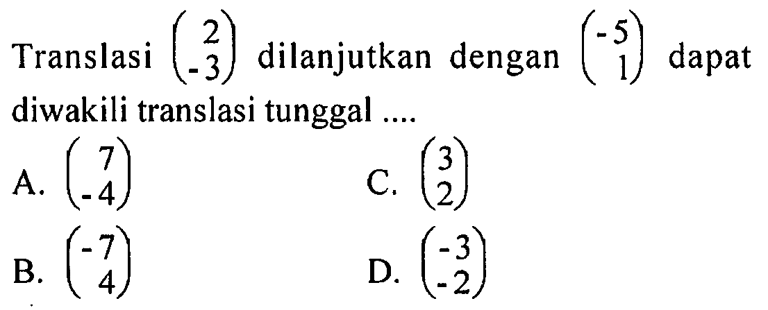 Translasi (2 -3) dilanjutkan dengan (-5 1) dapat diwakili translasi tunggal .... 