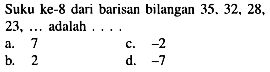 Suku ke-8 dari barisan bilangan  35,32,28 ,  23, ...  adalah ...