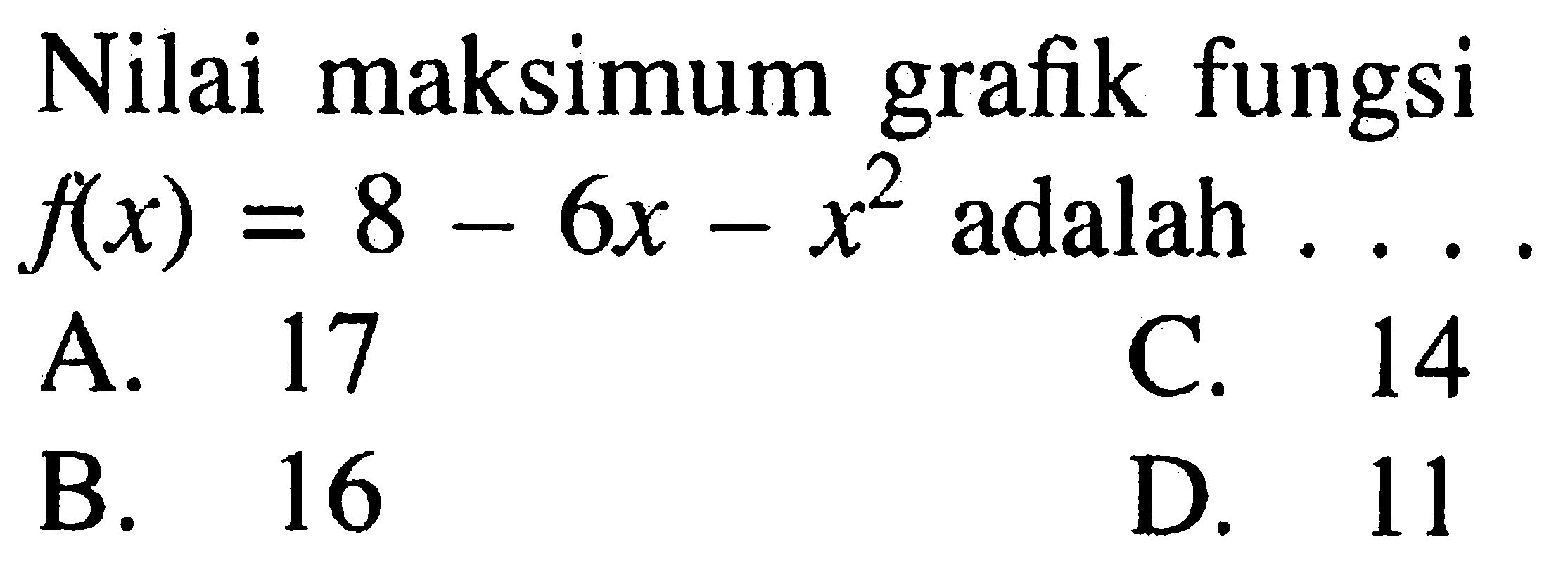 Nilai maksimum grafik fungsi f(x)=8-6x-x^2 adalah  .... 