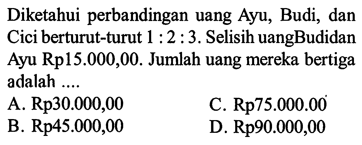 Diketahui perbandingan uang Ayu, Budi, dan Cici berturut-turut  1:2:3. Selisih uangBudidan Ayu Rp15.000,00. Jumlah uang mereka bertiga adalah ....