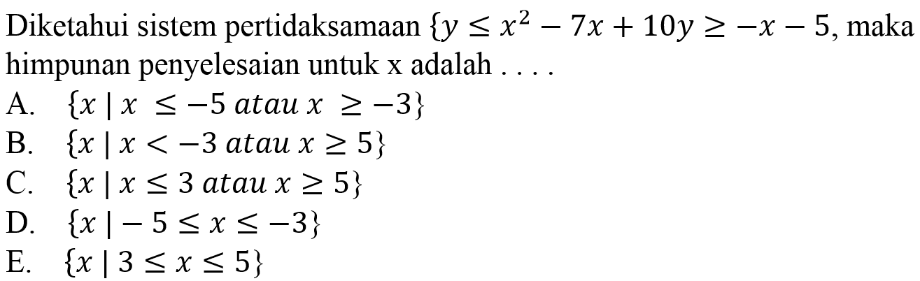 Diketahui sistem pertidaksamaan  {y <= x^(2)-7 x+10 y >=-x-5. , maka himpunan penyelesaian untuk  x  adalah . ...