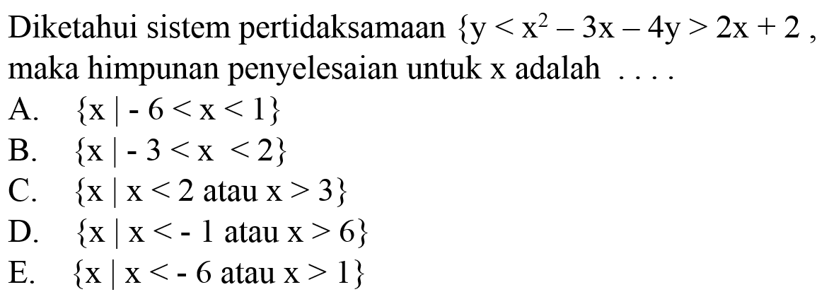 Diketahui sistem pertidaksamaan  {y<x^(2)-3 x-4 y>2 x+2. , maka himpunan penyelesaian untuk  x  adalah  ... .