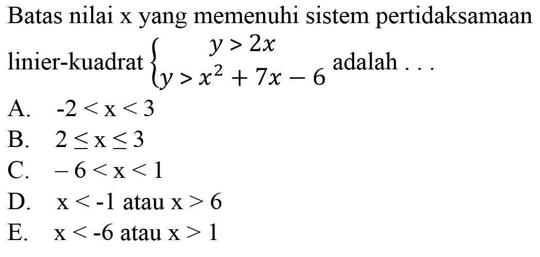 Batas nilai  x  yang memenuhi sistem pertidaksamaan linier-kuadrat  {y>2 x  y>x^(2)+7 x-6.  adalah ...