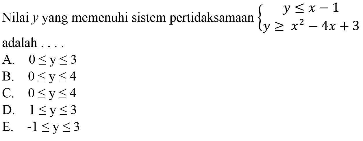 Nilai y yang memenuhi sistem pertidaksamaan  {y <= x-1  y >= x^(2)-4 x+3.  adalah ....