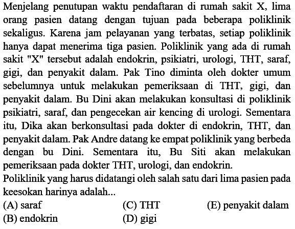 Menjelang penutupan waktu pendaftaran di rumah sakit X, lima orang pasien datang dengan tujuan pada beberapa poliklinik sekaligus. Karena jam pelayanan yang terbatas, setiap poliklinik hanya dapat menerima tiga pasien. Poliklinik yang ada di rumah sakit "X" tersebut adalah endokrin, psikiatri, urologi, THT, saraf, gigi, dan penyakit dalam. Pak Tino diminta oleh dokter umum sebelumnya untuk melakukan pemeriksaan di THT, gigi, dan penyakit dalam. Bu Dini akan melakukan konsultasi di poliklinik psikiatri, saraf, dan pengecekan air kencing di urologi. Sementara itu, Dika akan berkonsultasi pada dokter di endokrin, THT, dan penyakit dalam. Pak Andre datang ke empat poliklinik yang berbeda dengan bu Dini. Sementara itu, Bu Siti akan melakukan pemeriksaan pada dokter THT, urologi, dan endokrin.
Poliklinik yang harus didatangi oleh salah satu dari lima pasien pada keesokan harinya adalah...
(A) saraf
(C) THT
(E) penyakit dalam
(B) endokrin
(D) gigi