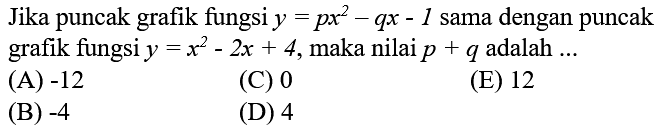 Jika puncak grafik fungsi  y=p x^(2)-q x-1  sama dengan puncak grafik fungsi  y=x^(2)-2 x+4 , maka nilai  p+q  adalah  ... 
(A)  -12 
(C) 0
(E) 12
(B)  -4 
(D) 4