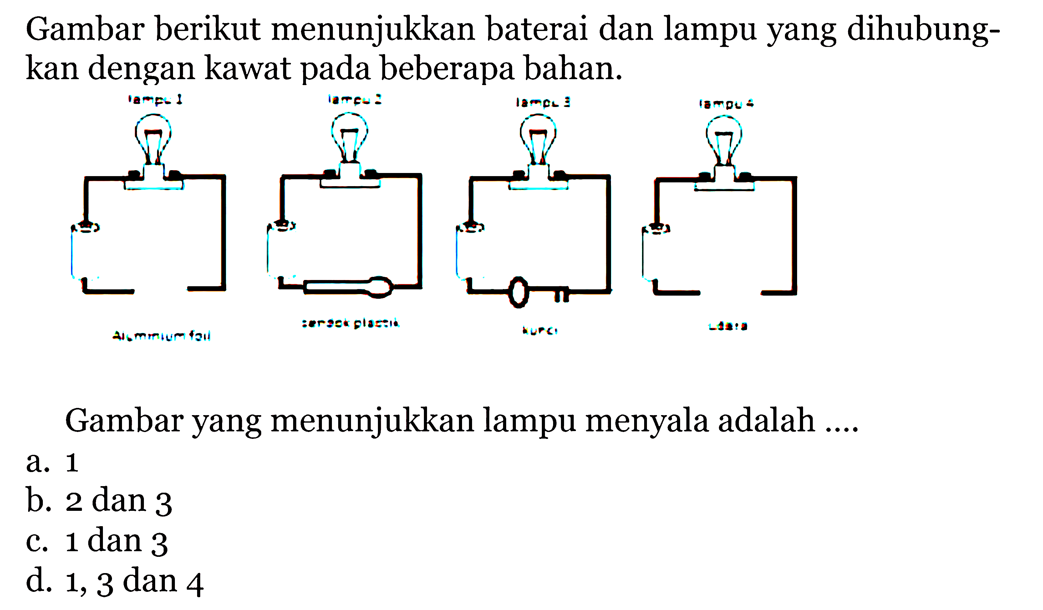 Gambar berikut menunjukkan baterai dan lampu yang dihubung- kan dengan kawat pada beberapa bahan. Gambar yang menunjukkan lampu menyala adalah