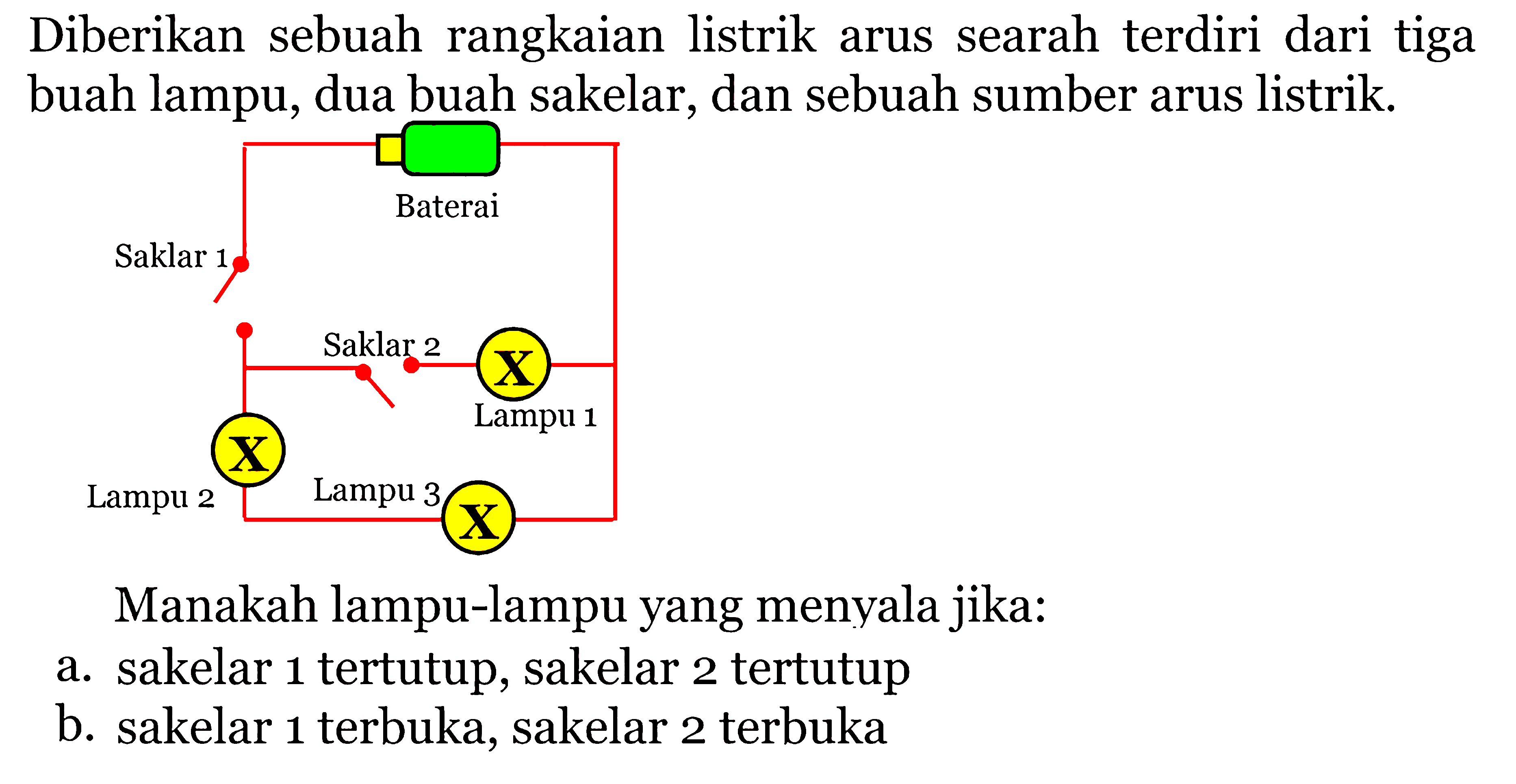 Diberikan sebuah rangkaian listrik arus searah terdiri dari tiga buah lampu, dua buah sakelar, dan sebuah sumber arus listrik.Manakah lampu-lampu yang menyala jika:a. sakelar 1 tertutup, sakelar 2 tertutupb. sakelar 1 terbuka, sakelar 2 terbuka