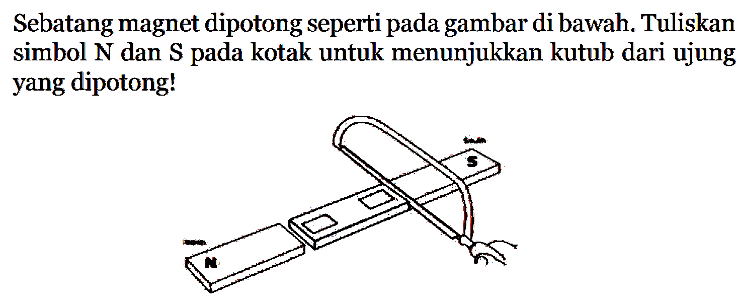 Sebatang magnet dipotong seperti pada gambar di bawah. Tuliskan simbol N dan S pada kotak untuk menunjukkan kutub dari ujung yang dipotong!