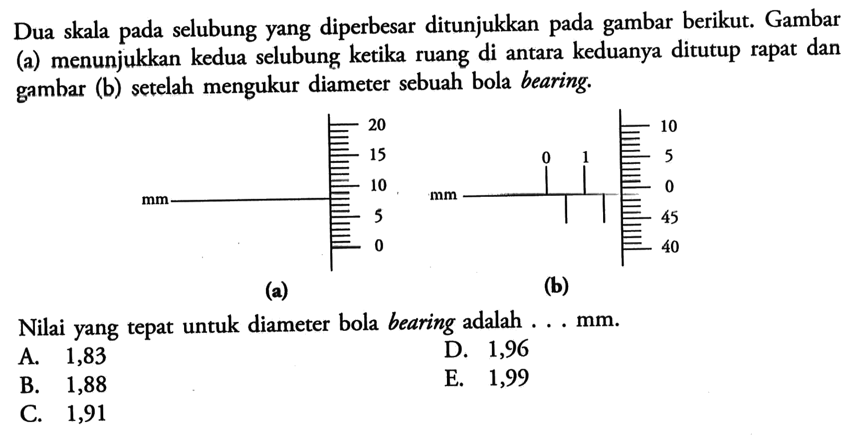 Dua skala pada selubung yang diperbesar ditunjukkan pada gambar berikut. Gambar (a) menunjukkan kedua selubung ketika ruang di antara keduanya ditutup rapat dan gambar (b) setelah mengukur diameter sebuah bola bearing. (a) (b) Nilai yang tepat untuk diameter bola bearing adalah ... mm