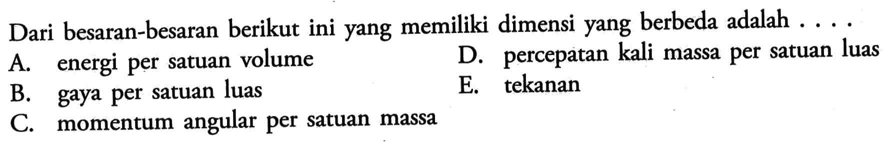 Dari besaran-besaran berikut ini yang memiliki dimensi yang berbeda adalah ......