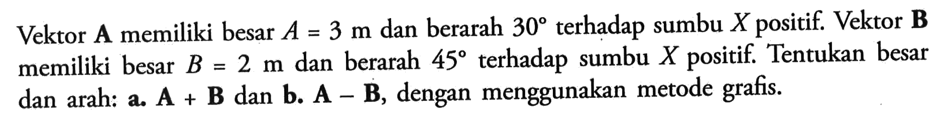 Vektor A memiliki besar A = 3 m dan berarah 30 terhadap sumbu X positif. Vektor B memiliki B = 2 m dan berarah 45 terhadap sumbu X positif. Tentukan besar dan arah: a. A + B dan b. A - B, dengan menggunakan metode grafis. 