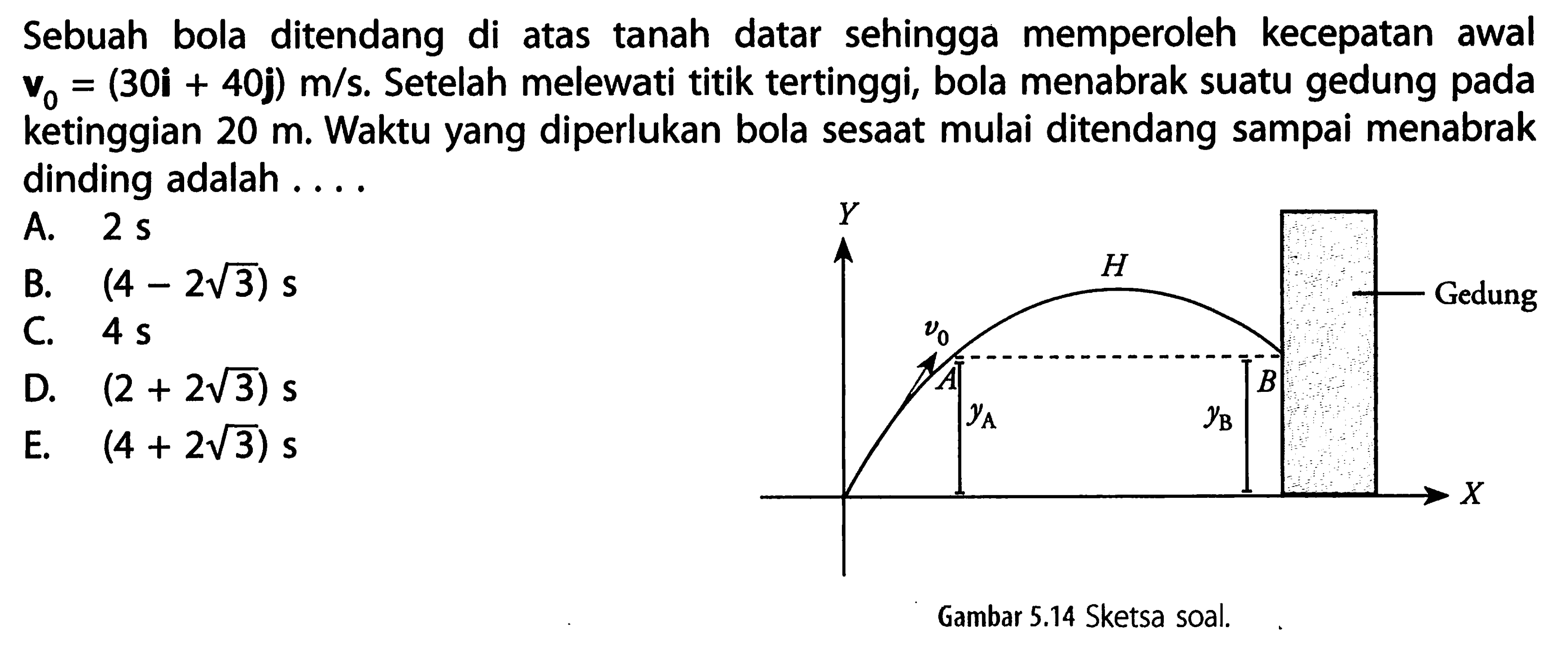 Sebuah bola ditendang di atas tanah datar sehingga memperoleh kecepatan awal V0 = (30i + 40j) m/s. Setelah melewati titik tertinggi, bola menabrak suatu gedung pada ketinggian 20 m. Waktu yang diperlukan bola sesaat mulai ditendang sampai menabrak dinding adalah ... Y v0 A yA H yB B X Gedung