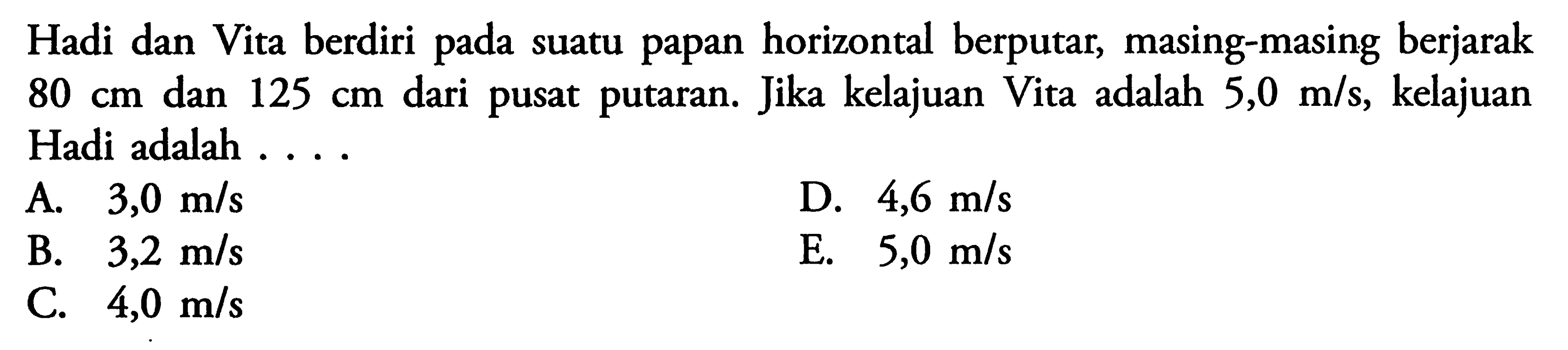 Hadi dan Vita berdiri pada suatu papan horizontal berputar, masing-masing berjarak 80 cm dan 125 cm dari pusat putaran. Jika kelajuan Vita adalah 5,0 m/s, kelajuan Hadi adalah ....