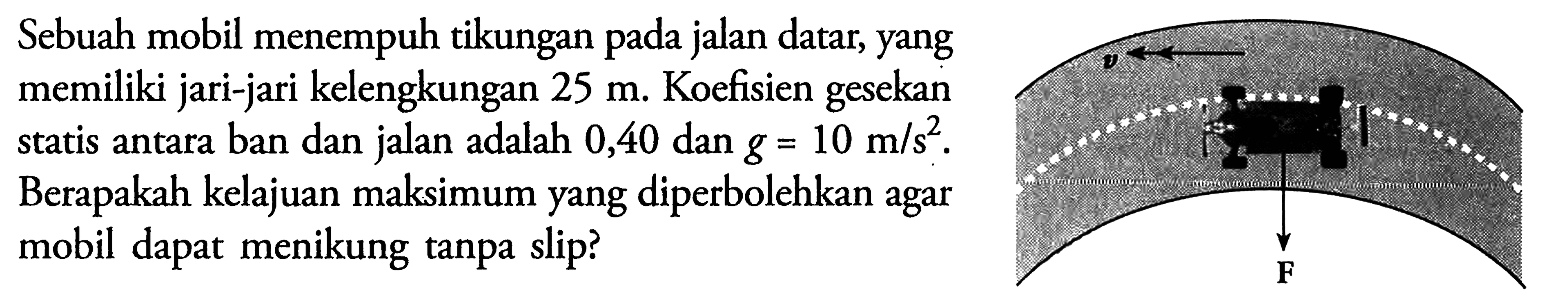 Sebuah mobil menempuh tikungan pada jalan datar, yang memiliki jari-jari kelengkungan 25 m. Koefisien gesekan statis antara ban dan jalan adalah 0,40 dan g=10 m/s^2. Berapakah kelajuan maksimum yang diperbolehkan agar mobil dapat menikung tanpa slip?