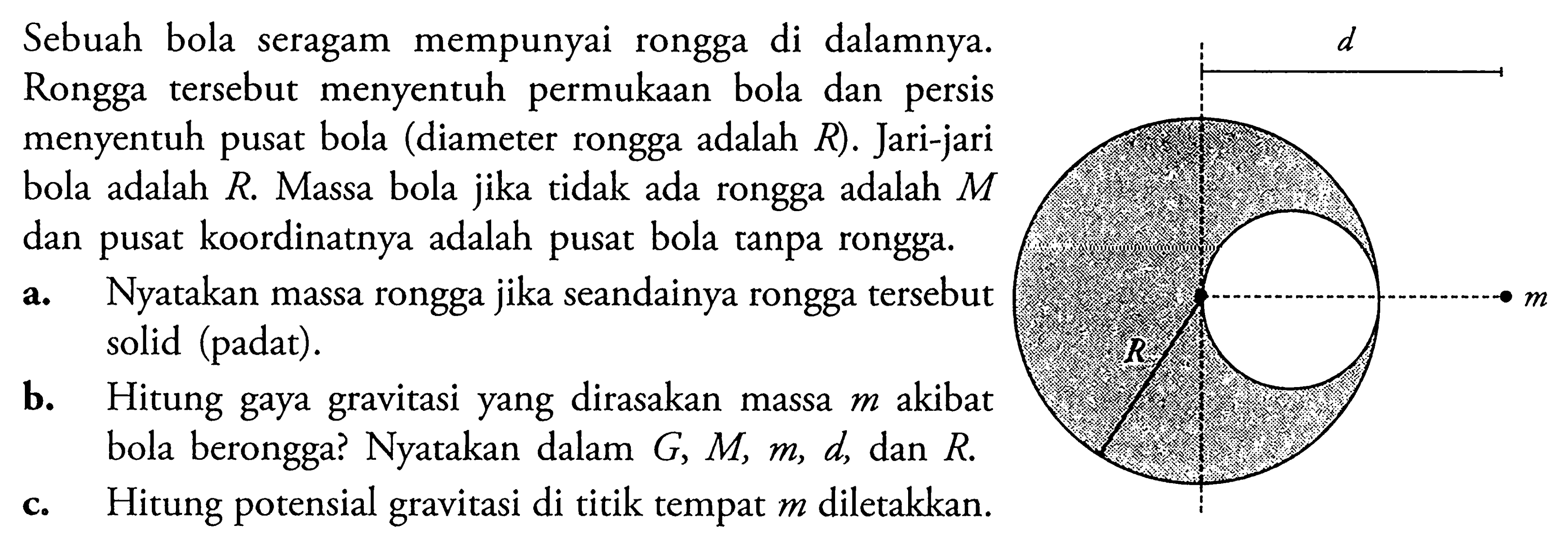 Sebuah bola seragam mempunyai rongga di dalamnya. Rongga tersebut menyentuh permukaan bola dan persis menyentuh pusat bola (diameter rongga adalah R). Jari-jari bola adalah R. Massa bola jika tidak ada rongga adalah M dan pusat koordinatnya adalah pusat bola tanpa rongga. 
a. Nyatakan massa rongga jika seandainya rongga tersebut solid (padat). 
b. Hitung gaya gravitasi yang dirasakan massa m akibat bola berongga? Nyatakan dalam G, M, m, d, dan R. 
c. Hitung potensial gravitasi di titik tempat m diletakkan. 
d m R