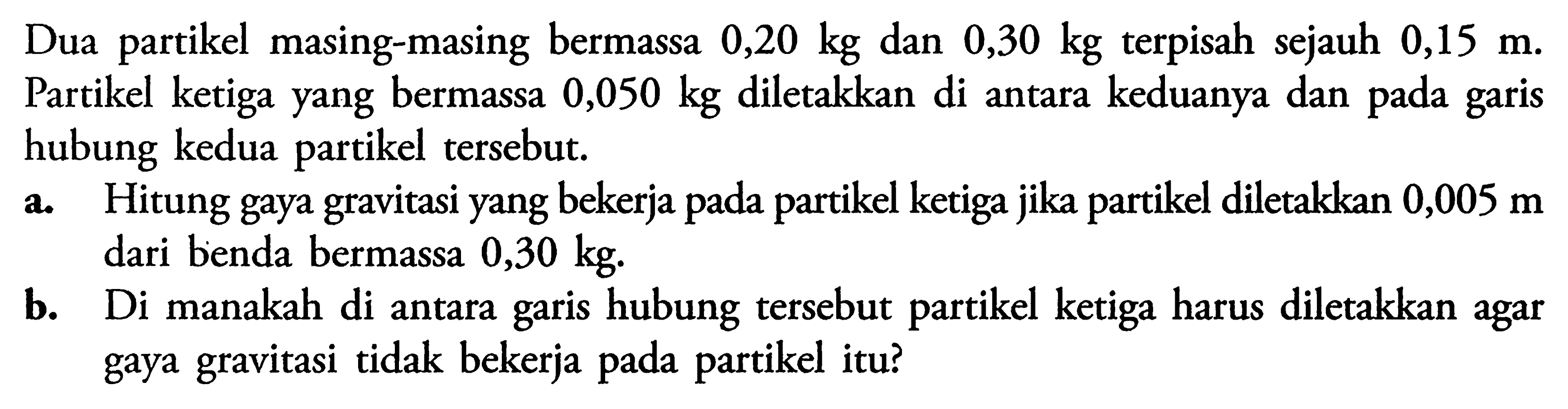 Dua partikel masing-masing bermassa 0,20 kg dan 0,30 kg terpisah sejauh 0,15 m. Partikel ketiga yang bermassa 0,050 kg diletakkan di antara keduanya dan pada garis hubung kedua partikel tersebut. a. Hitung gaya gravitasi yang bekerja pada partikel ketiga jika partikel diletakkan 0,005 m dari benda bermassa 0,30 kg. b. Di manakah di antara garis hubung tersebut partikel ketiga harus diletakkan agar gaya gravitasi tidak bekerja pada partikel itu?