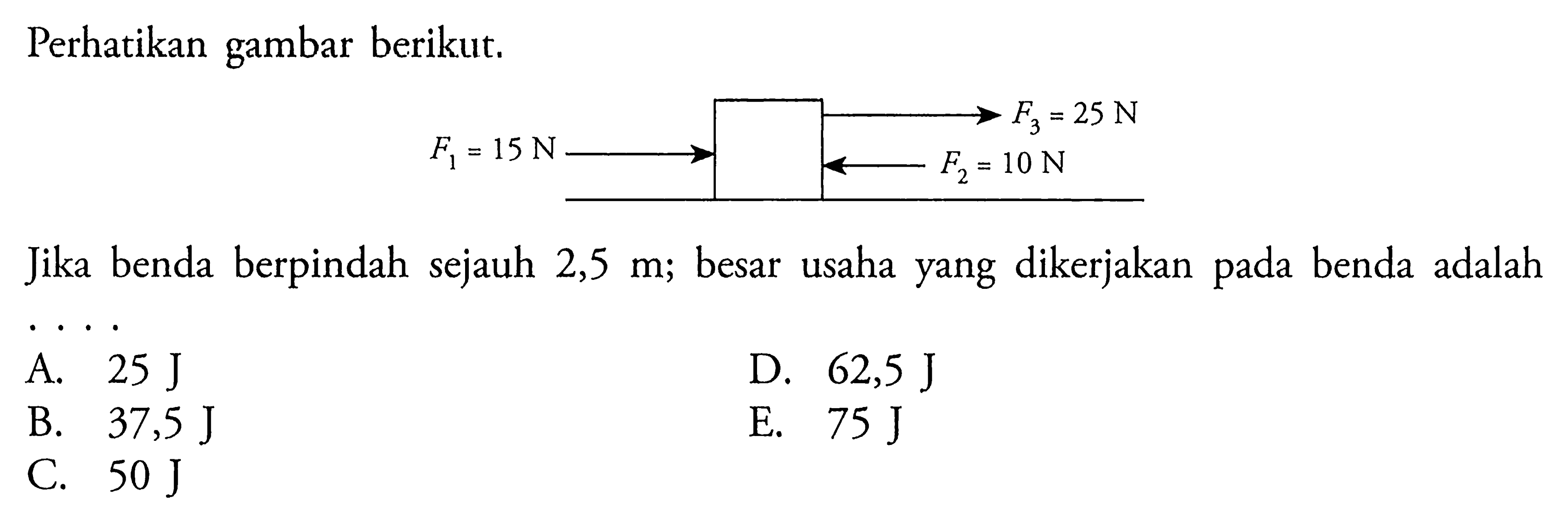 Perhatikan gambar berikut. F1=15 N F3=25 N F2=10 N Jika benda berpindah sejauh 2,5 m; besar usaha yang dikerjakan pada benda adalah