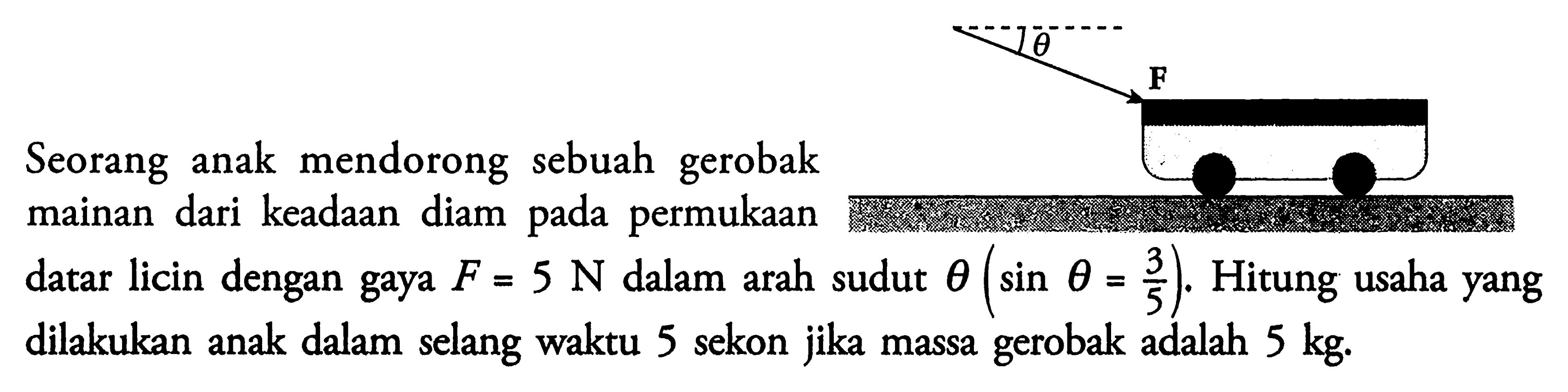 Seorang anak mendorong sebuah gerobak mainan dari keadaan diam pada permukaan datar licin dengan gaya  F=5 N  dalam arah sudut  theta(sin theta=3/5) . Hitung usaha yang dilakukan anak dalam selang waktu 5 sekon jika massa gerobak adalah  5 kg .Gambar: sebuah mainan yang ditarik dengan gaya F dan membentuk sudut theta.