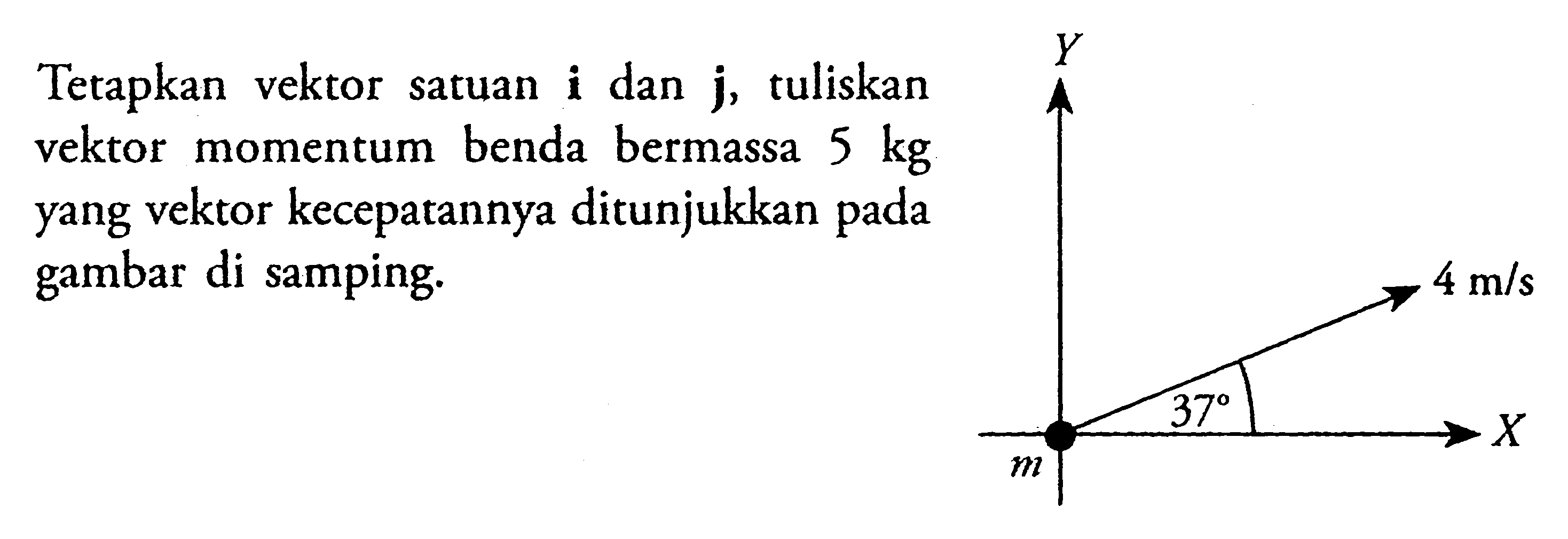 Tetapkan vektor satuan i dan j, tuliskan vektor momentum benda bermassa 5 kg yang vektor kecepatannya ditunjukkan pada gambar di samping. Y m 37 4 m/s X