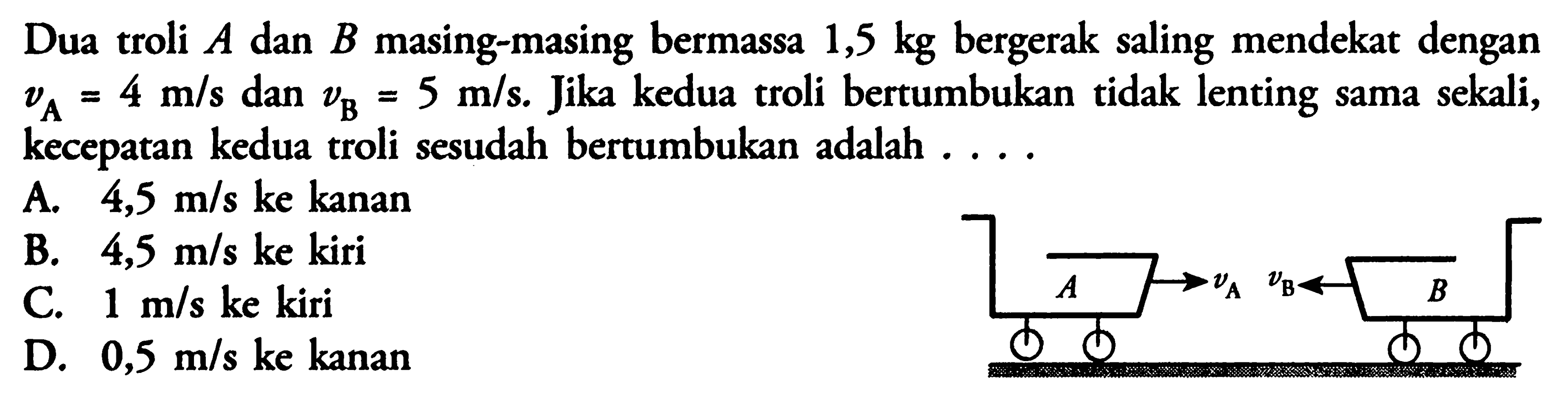 Dua troli A dan B masing-masing bermassa 1,5 kg bergerak saling mendekat dengan vA=4 m/s dan vB=5 m/s. Jika kedua troli bertumbukan tidak lenting sama sekali, kecepatan kedua troli sesudah bertumbukan adalah ...