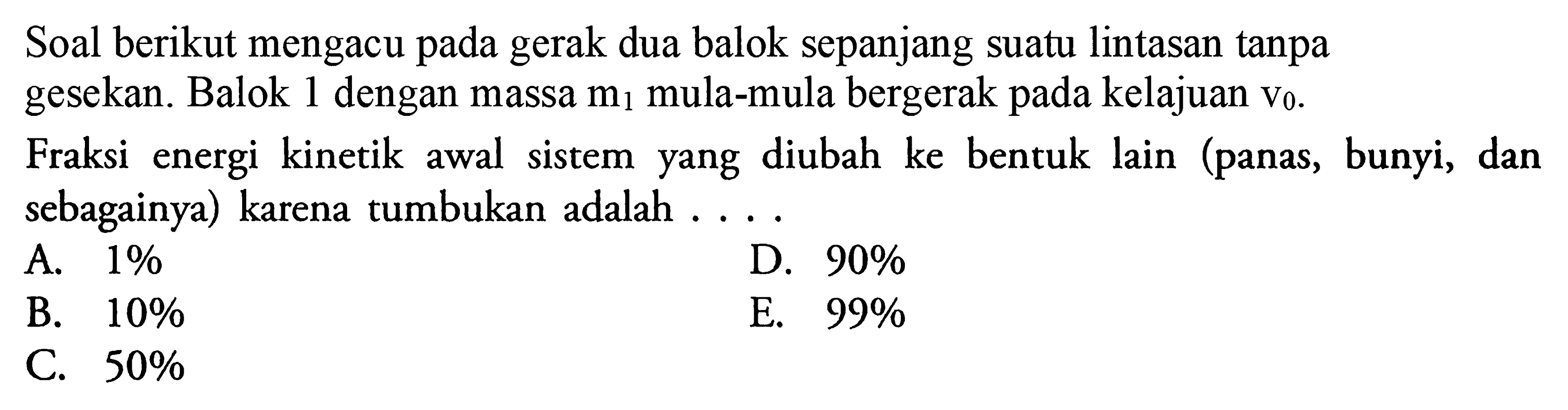 Soal berikut mengacu pada gerak dua balok sepanjang suatu lintasan tanpa gesekan. Balok 1 dengan massa m1 mula-mula bergerak pada kelajuan v0.
Fraksi energi kinetik awal sistem yang diubah ke bentuk lain (panas, bunyi, dan sebagainya) karena tumbukan adalah ....
