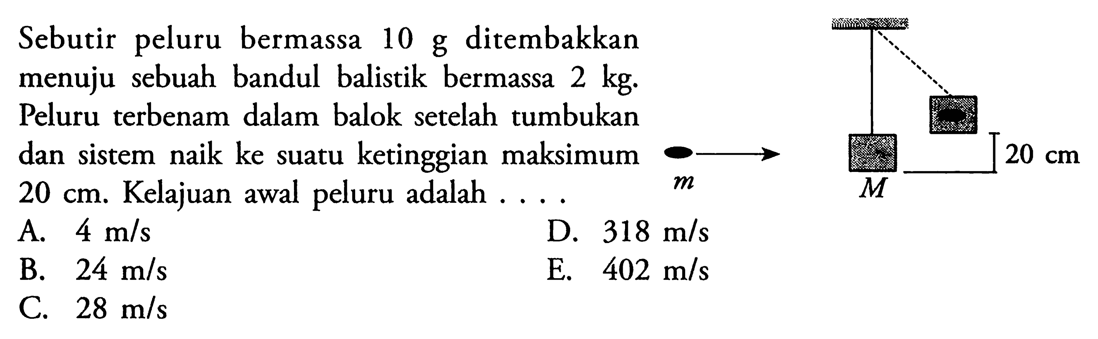 Sebutir peluru bermassa 10 g ditembakkan menuju sebuah bandul balistik bermassa 2 kg. Peluru terbenam dalam balok setelah tumbukan dan sistem naik ke suatu ketinggian maksimum 20 cm. Kelajuan awal peluru adalah .... M 20 cm A. 4 m/s D. 318 m/s B. 24 m/s E. 402 m/s C. 28 m/s