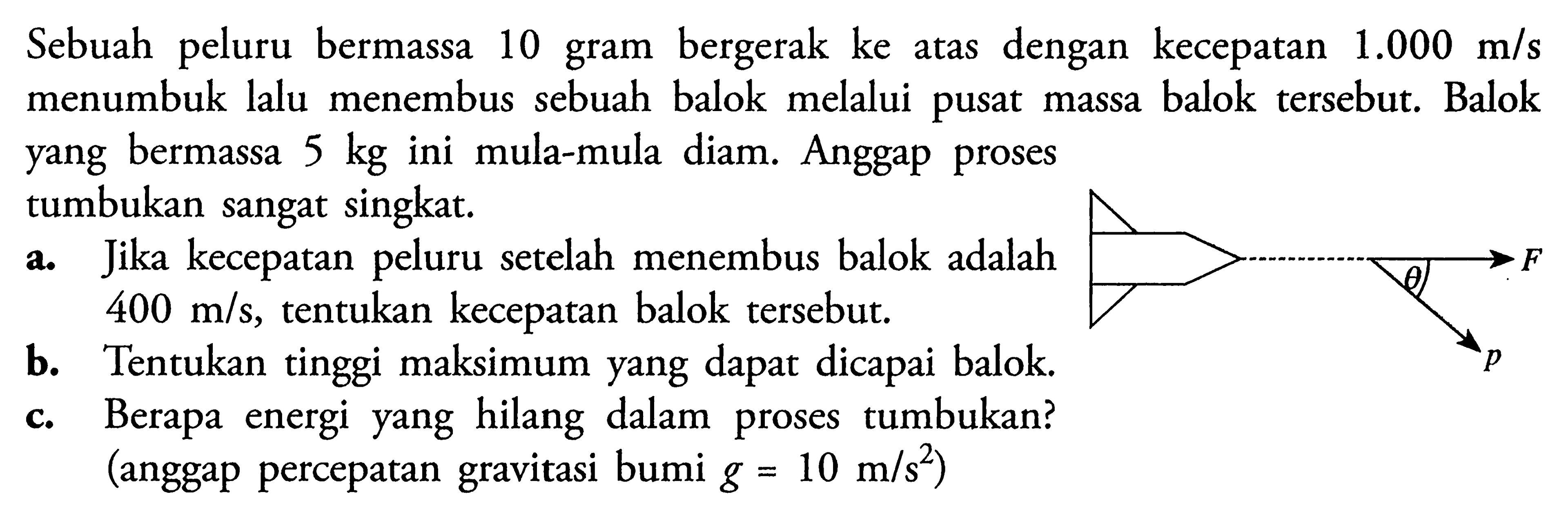 Sebuah peluru bermassa 10 gram bergerak ke atas dengan kecepatan 1.000 m/s menumbuk lalu menembus sebuah balok melalui pusat massa balok tersebut. Balok yang bermassa 5 kg ini mula-mula diam. Anggap proses tumbukan sangat singkat.a. Jika kecepatan peluru setelah menembus balok adalah 400 m/s, tentukan kecepatan balok tersebut.b. Tentukan tinggi maksimum yang dapat dicapai balok.c. Berapa energi yang hilang dalam proses tumbukan? (anggap percepatan gravitasi bumi g=10 m/(s^2) )theta F p 