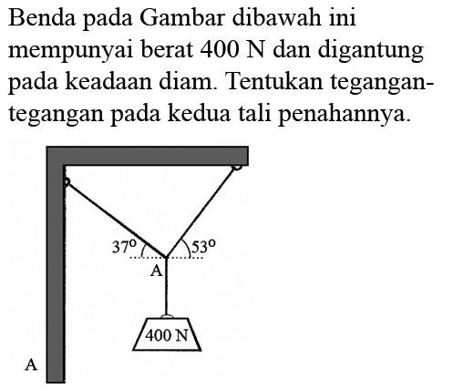 Benda pada Gambar dibawah ini mempunyai berat  400 N  dan digantung pada keadaan diam. Tentukan tegangantegangan pada kedua tali penahannya.37 53 A 400 N A