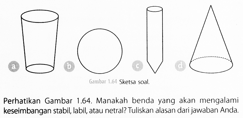 Perhatikan Gambar 1.64. Manakah benda yang akan mengalami keseimbangan stabil, labil, atau netral? Tuliskan alasan dari jawaban Anda.